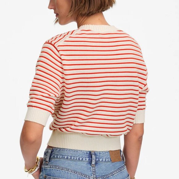 Madewell Textural-Stitch Cotton Sweater Cropped Red Stripes Size XS NWT - Picture 3 of 8